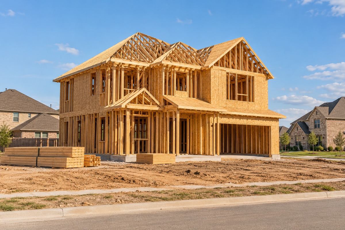 Representative North Texas home under construction with visible timber framing and roof trusses