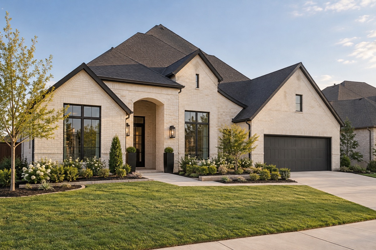 Representative completed new-construction brick home with finished driveway and landscaping