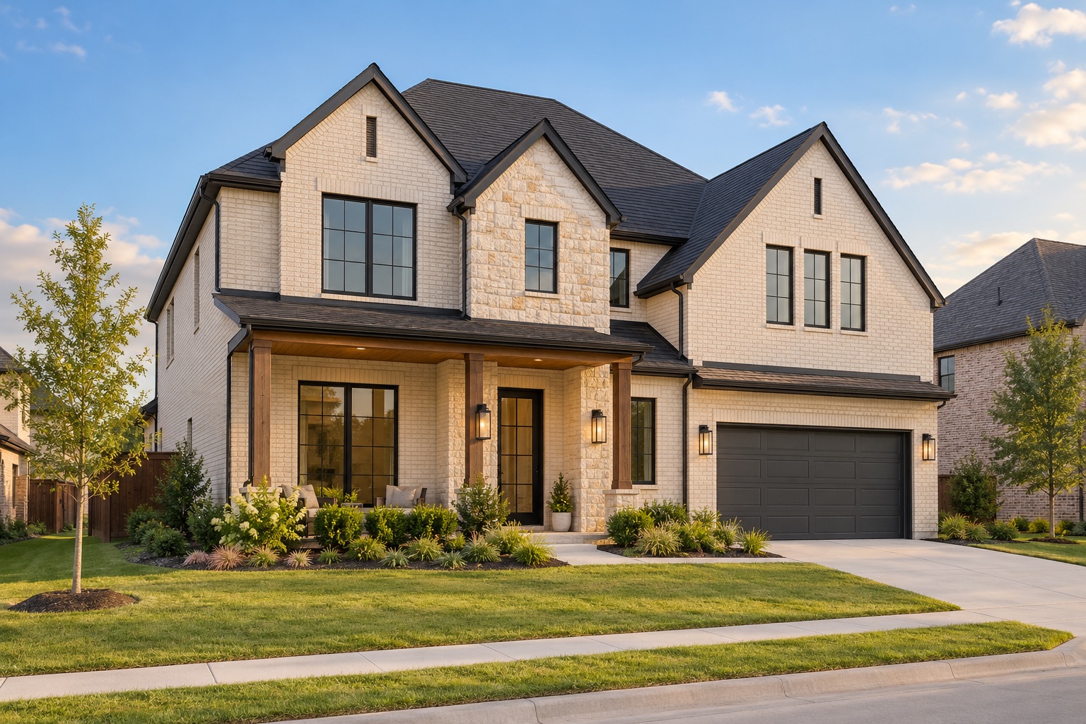 Representative upscale two-story North Texas new-construction home with cream brick and landscaped lawn