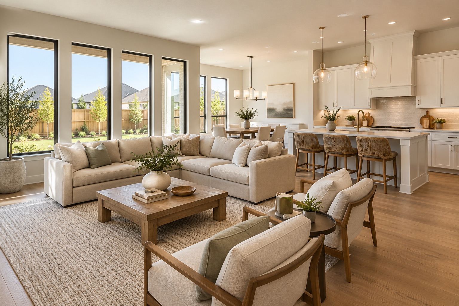 Representative new-home open-plan living area and kitchen with warm oak flooring and large windows