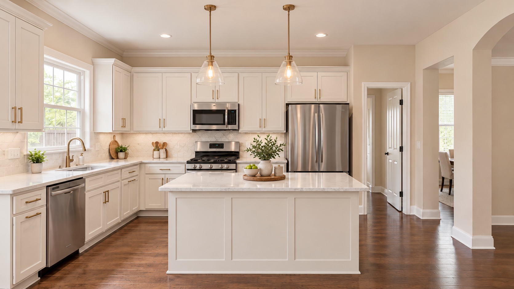 Kitchen after renovation with painted cabinets, new hardware, glass pendants and light countertops
