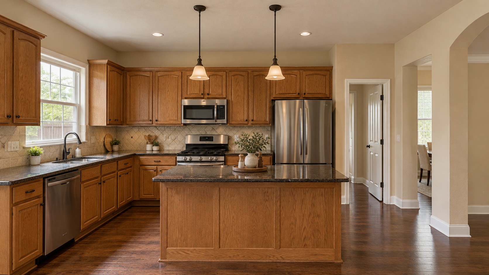 Kitchen before renovation with wood cabinets, dark countertops and original pendants